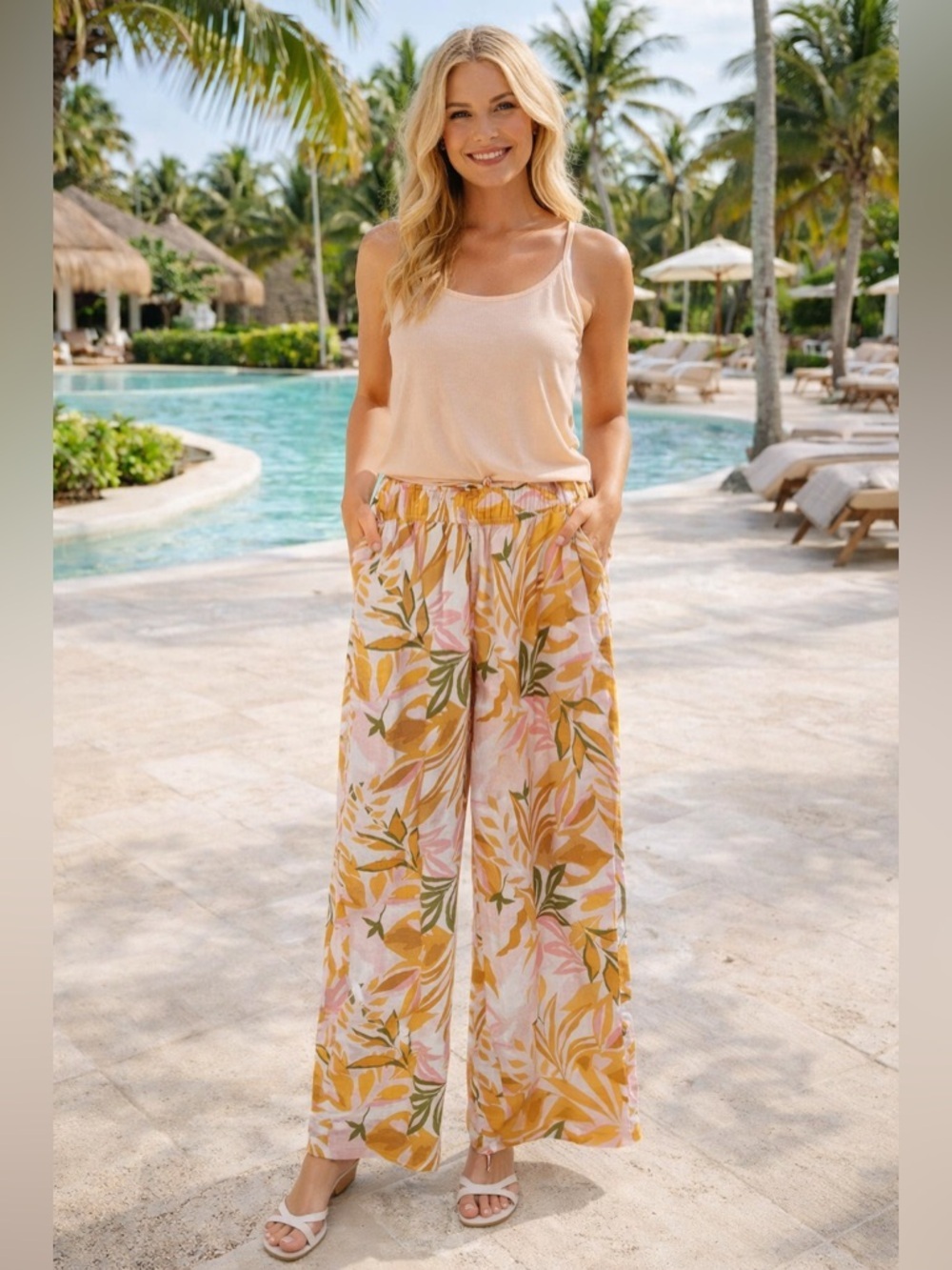 C&C California Tropical Leaf Wide Leg Pull On Linen Pants Size Large NWT